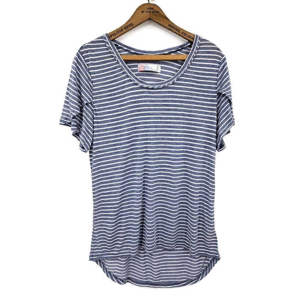 NWOT FP Beach Stripe Tee Tshirt Womens L Tulip Sleeve Blue White Top Free People